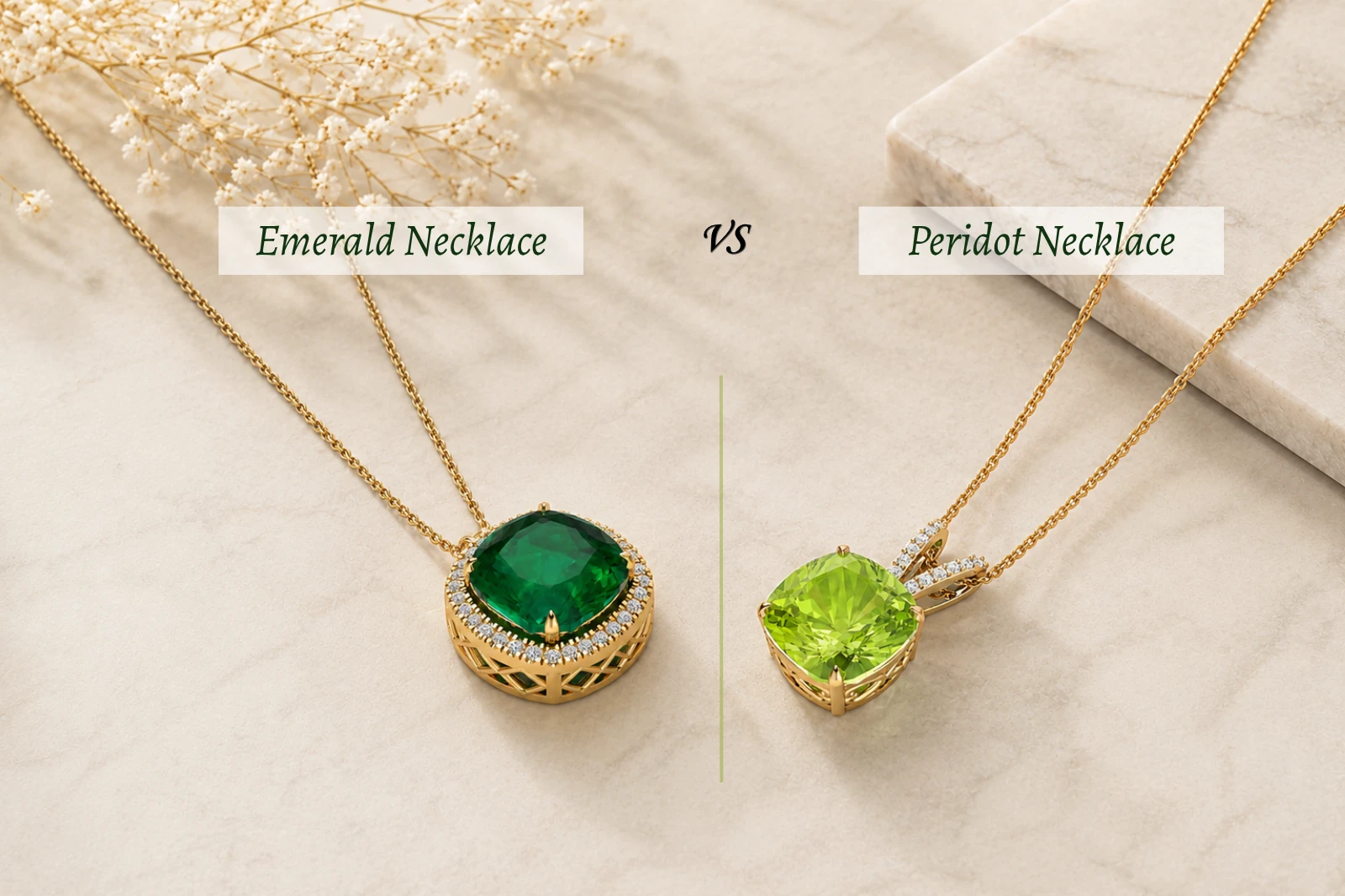 Side-by-side comparison of emerald and peridot necklaces with green gemstones