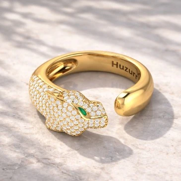 Emerald And Diamond Gold Plated Panther Head Open Band Ring
