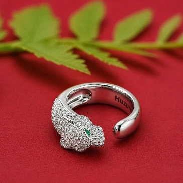 Emerald And Diamond Panther Head Open Band Sterling Silver Ring