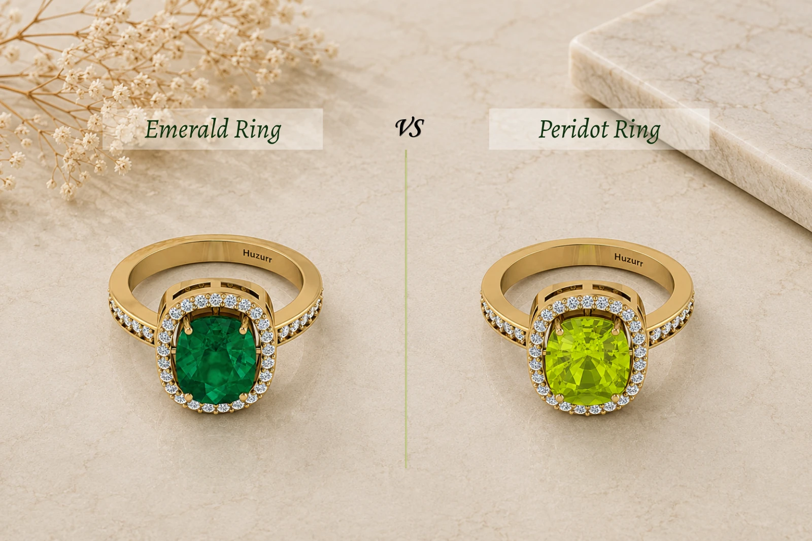 Side-by-side comparison of emerald and peridot rings with green gemstones