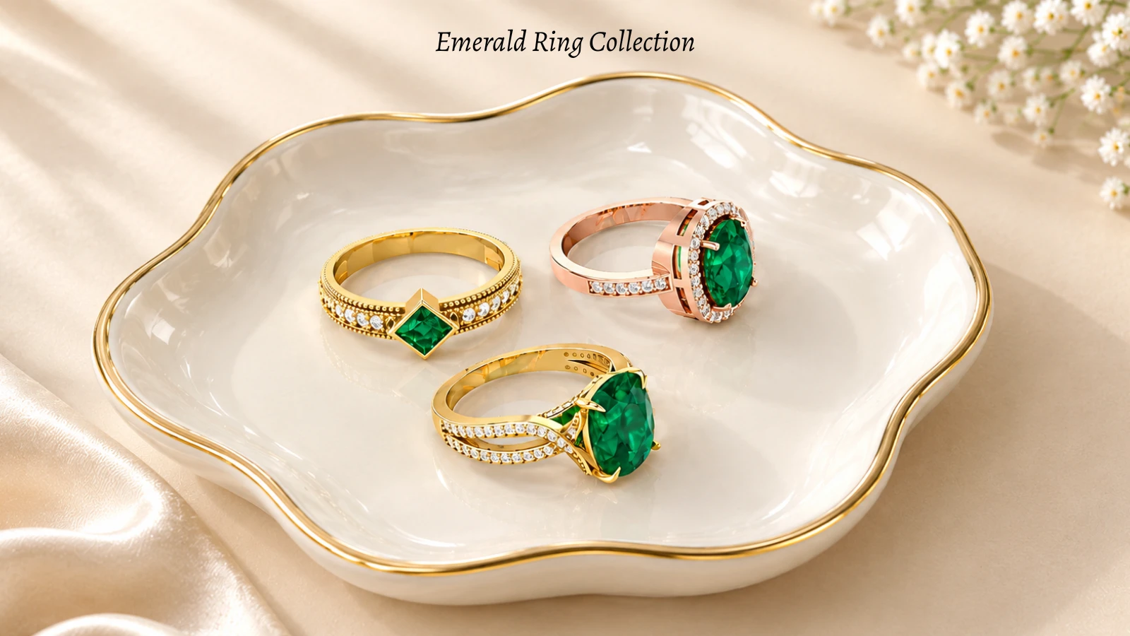 Collection of stunning emerald rings featuring vibrant green gemstones in various settings