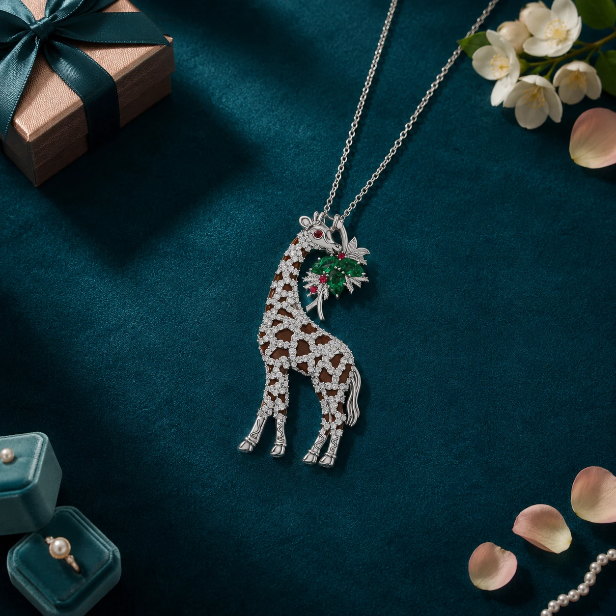 Colorful giraffe necklace featuring emerald, ruby, garnet and diamond accents in sterling silver