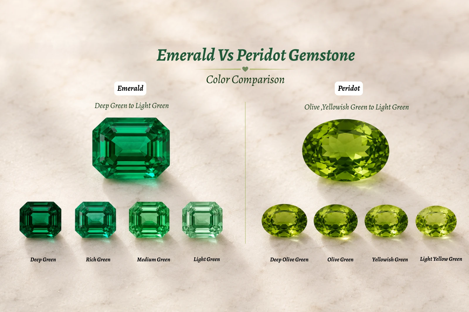 Side-by-side color comparison of emerald and peridot gemstones showing their green shades
