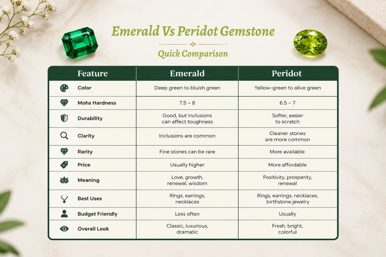 Side-by-side color comparison of emerald and peridot gemstones showing their color, durability, clarity, rarity, and price