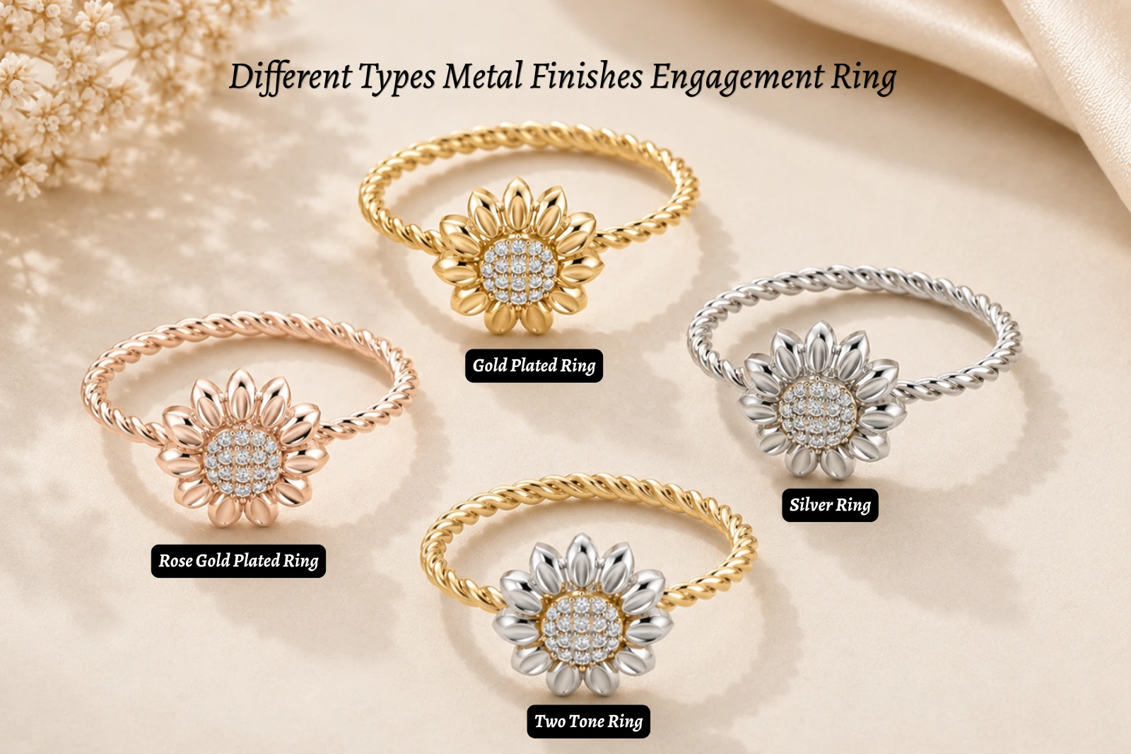 Gold, silver, rose gold and two-tone engagement ring finishes