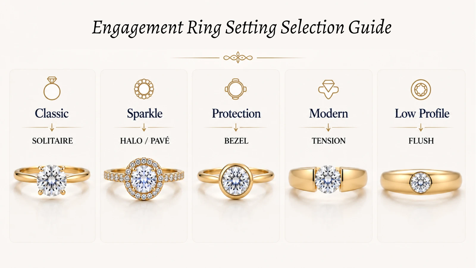 engagement ring setting selection guide solitaire halo pave bezel tension flush