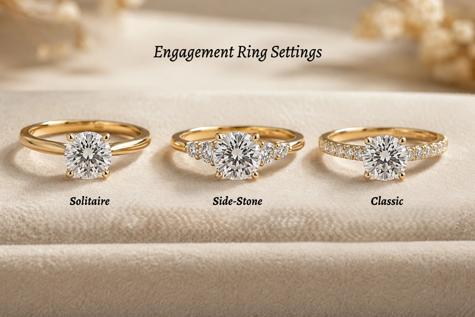 Comparison of solitaire, side-stone and classic engagement ring settings