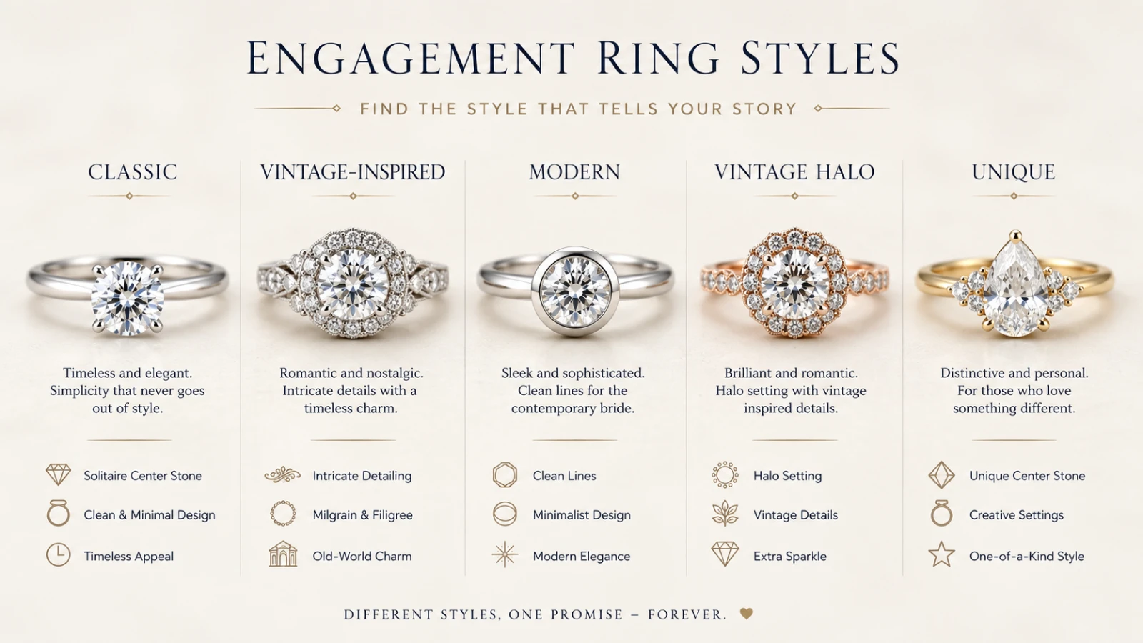 Comparison of classic, vintage-inspired,d and unique engagement ring styles