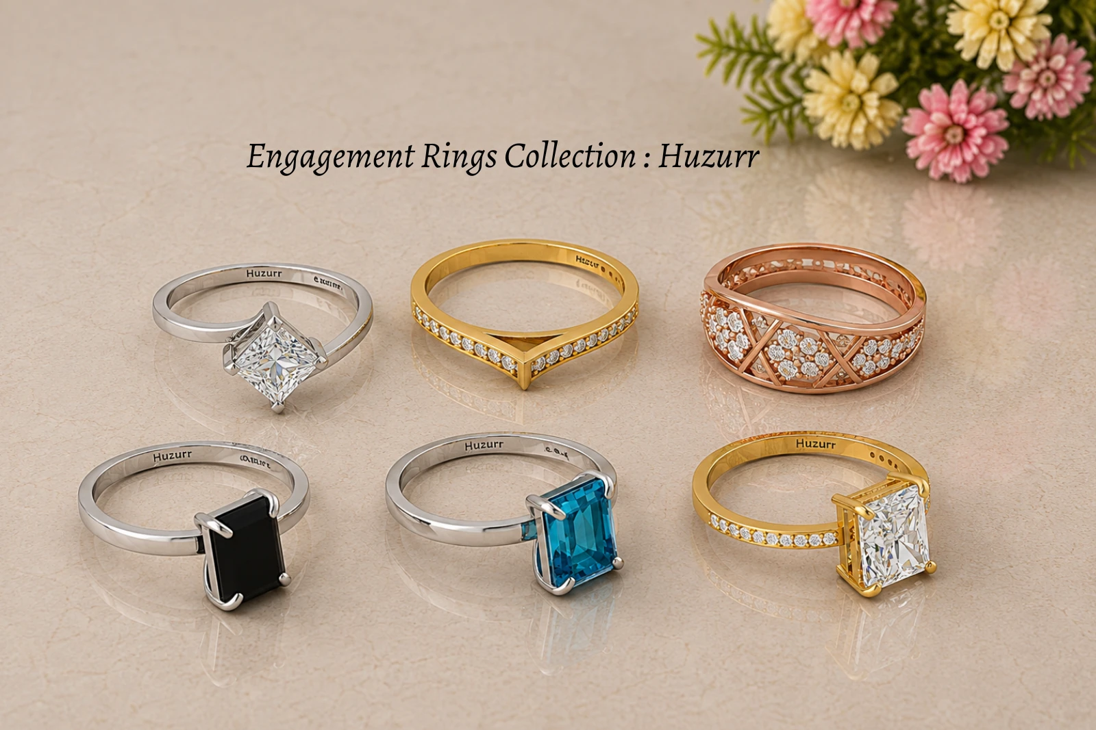 Huzurr engagement rings in silver, gold-plating, and rose gold-plating, featuring clear, black, blue, and diamond center stones in varied solitaire and statement designs in front angle view.