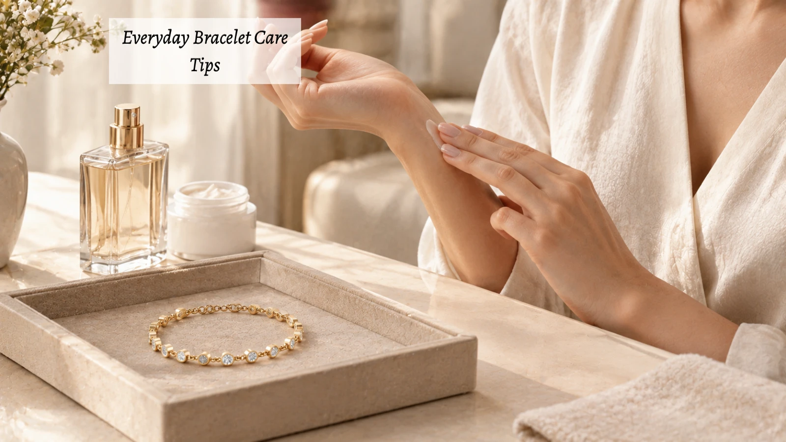 Person applying personal care products before putting on a bracelet to reduce jewelry exposure