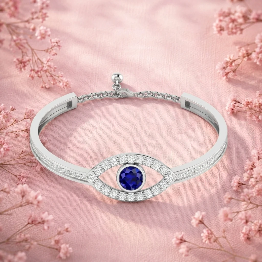 Protective evil eye cuff bracelet with center Blue sapphire stone and diamond accented in silver 