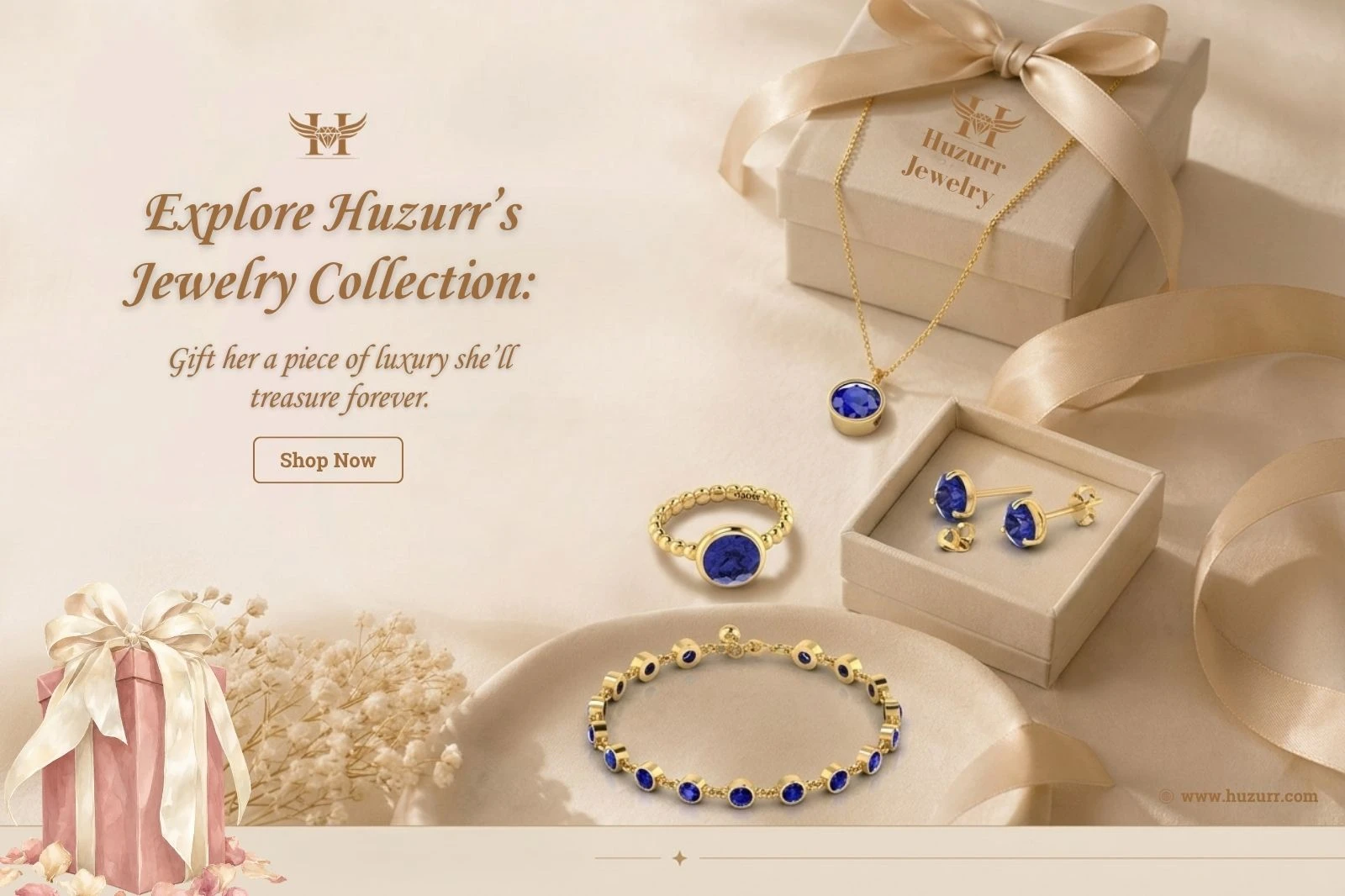 Gold plated sapphire pendant necklace, sapphire stud earrings, matching link bracelet, and gemstone statement ring luxury fine jewelry collection gift set.