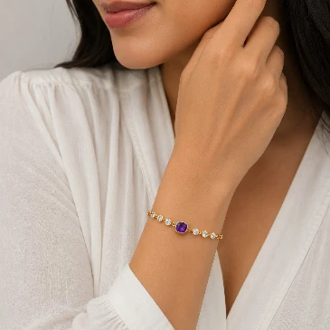 February Birthstone Cushion Square Amethyst & Diamond Yard Chain Bracelet