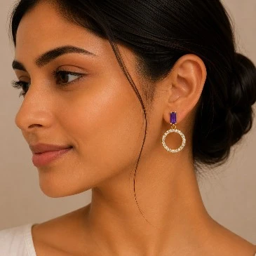 February Birthstone Baguette-Cut Amethyst Open Circle Drop Earrings