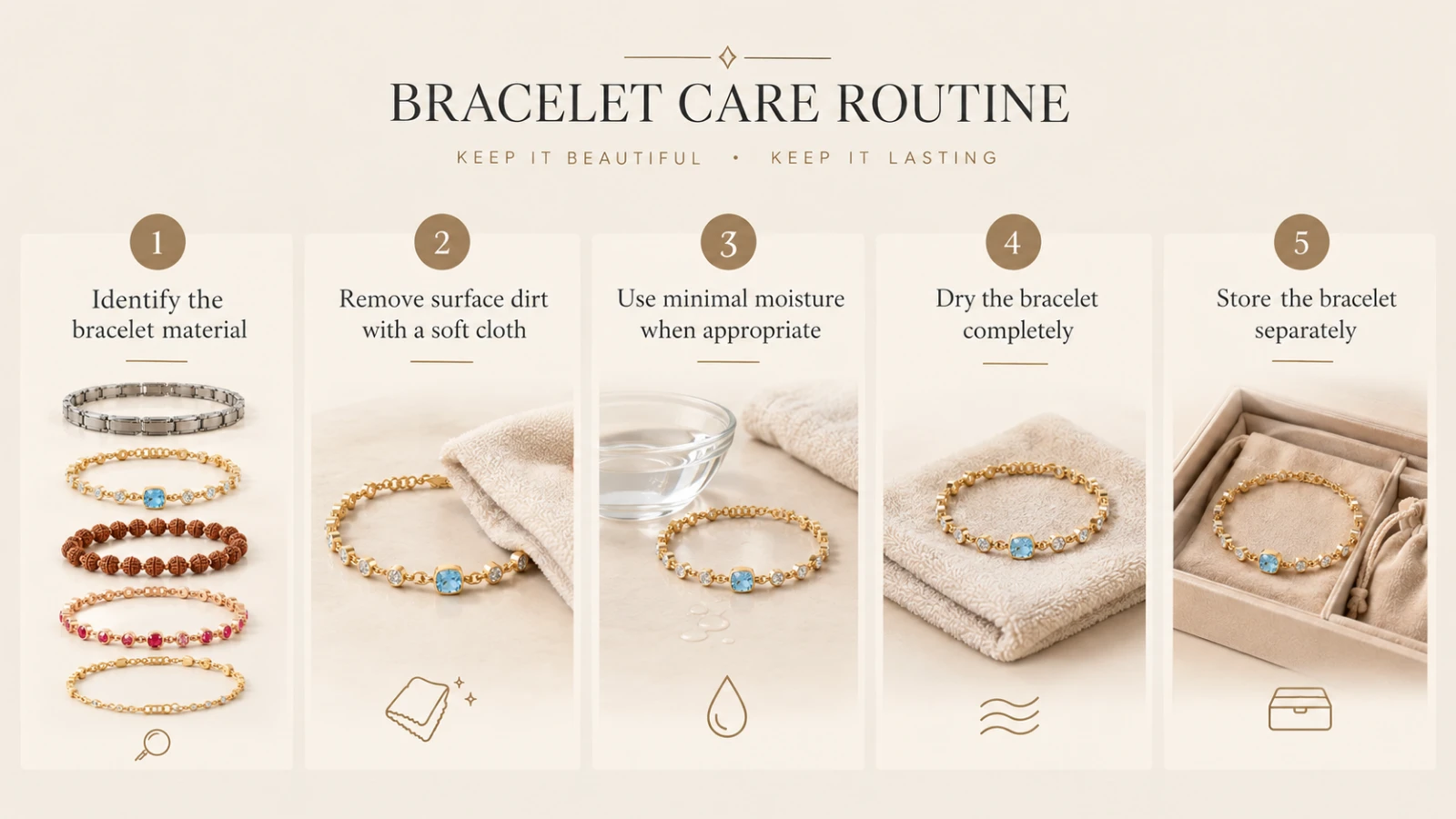 Five-step bracelet care routine showing identification, gentle cleaning, drying, and proper storage