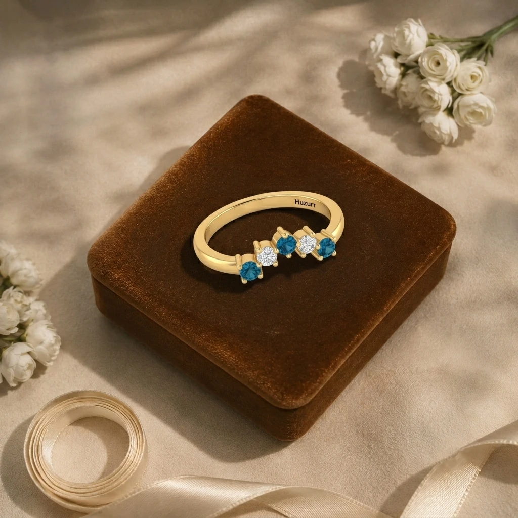 Five-stone curved crown band in gold plating alternating round blue topaz gems and diamonds