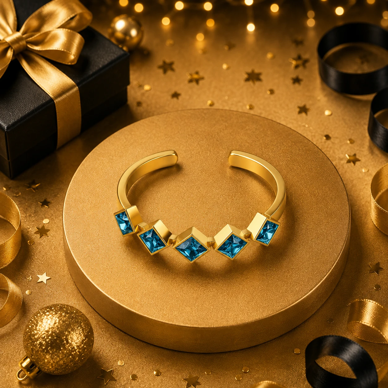 Gold plated open cuff bracelet featuring five princess cut blue diamonds in bezel settings