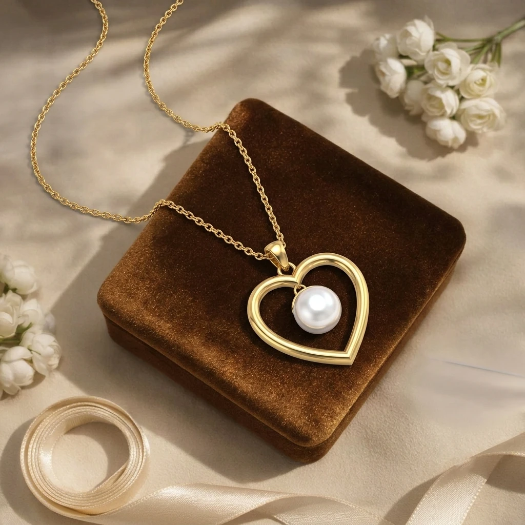 Freshwater white pearl floating inside an open heart-shaped pendant crafted in gold plating