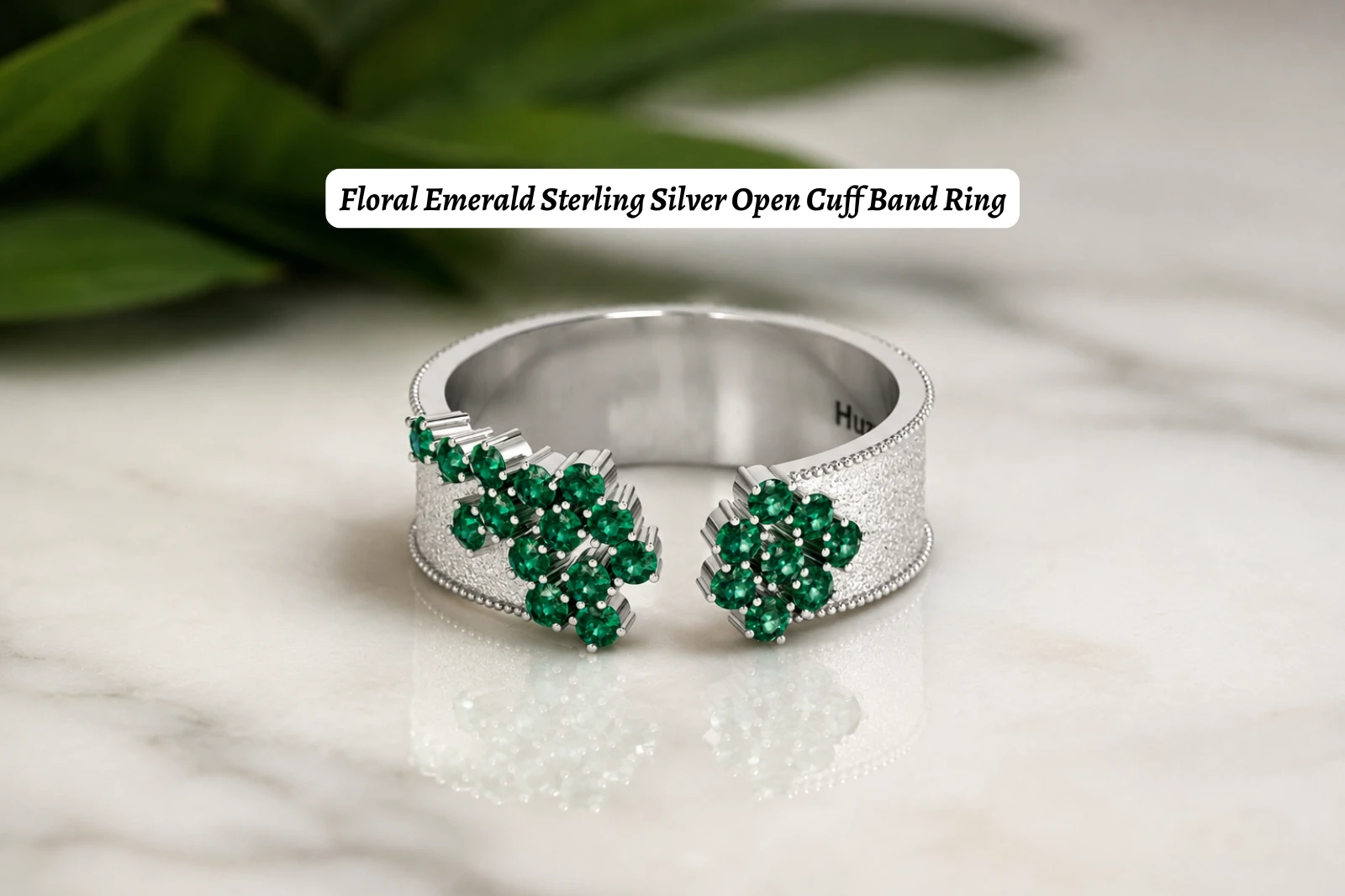 Floral emerald sterling silver open cuff band ring