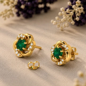 Gold Filled Floral Round Emerald Stud Earrings