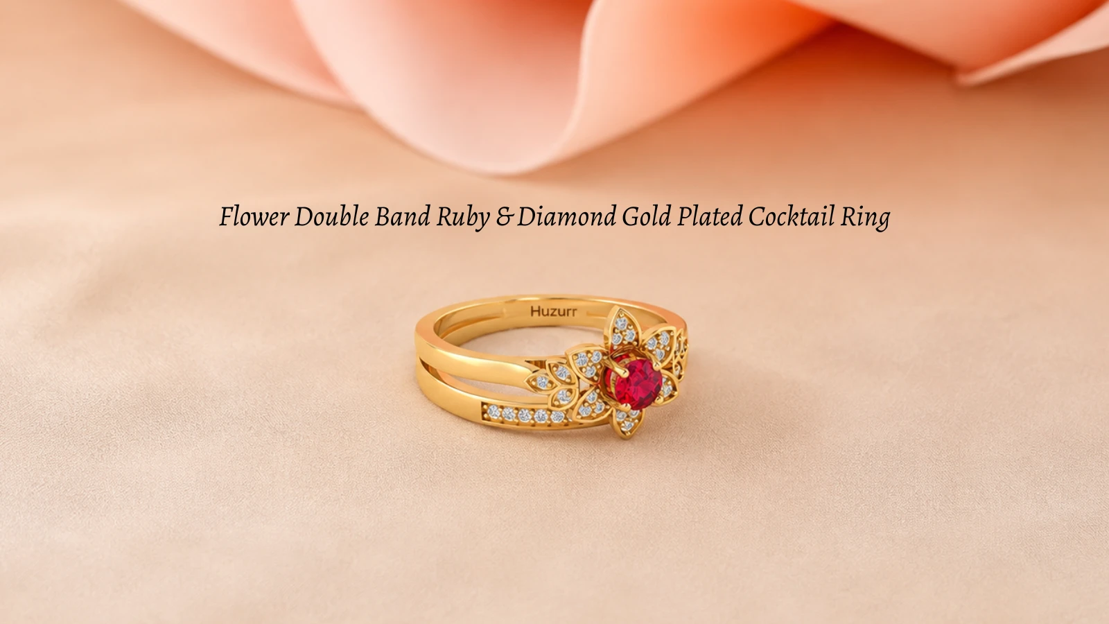 Flower double band ruby & diamond gold plated cocktail ring