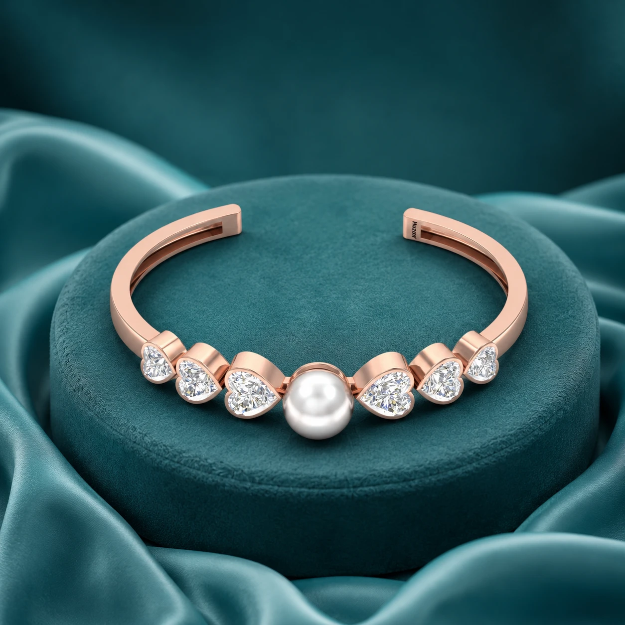 Freshwater pearl and heart-cut diamond cuff bracelet crfated in rose gold plating