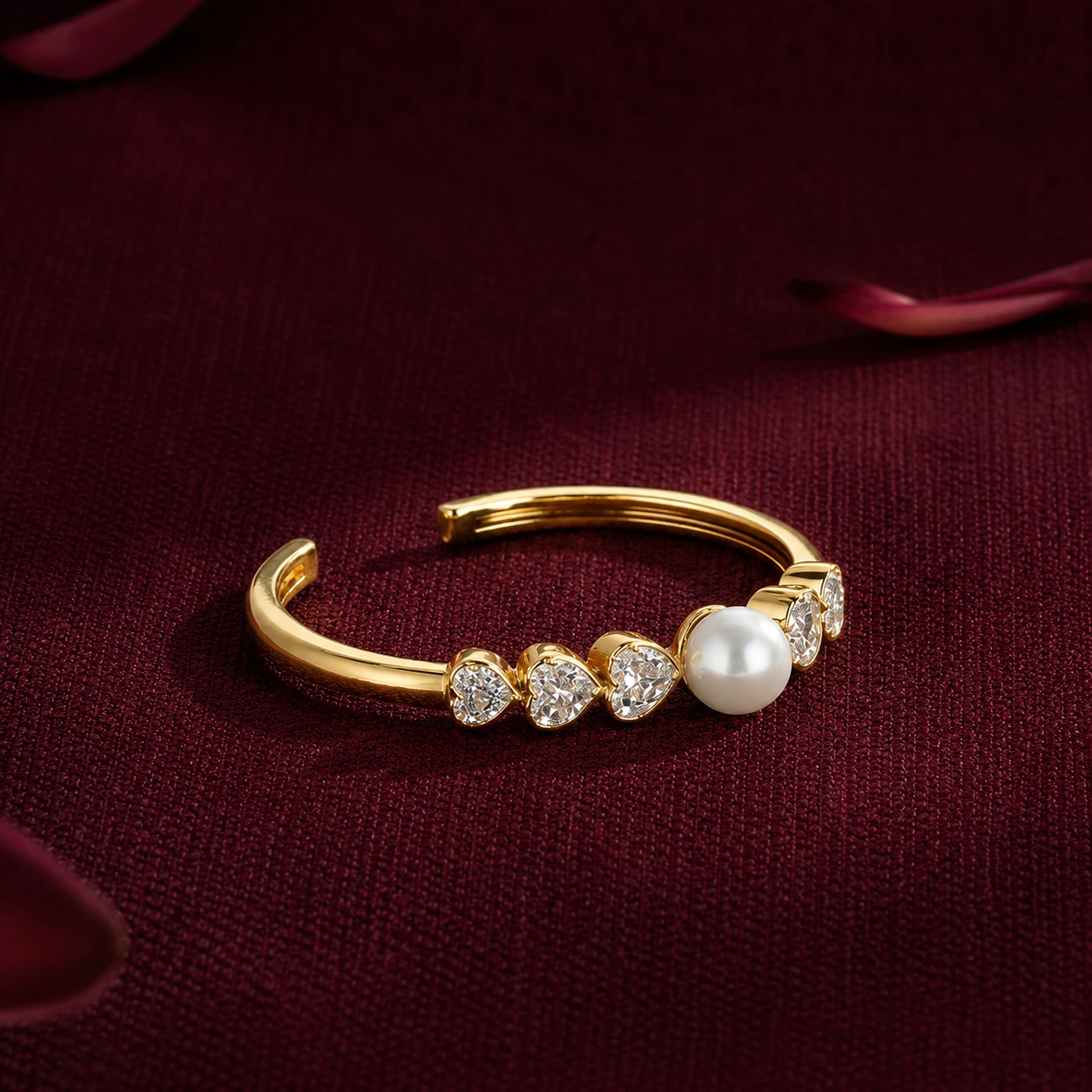 Freshwater Pearl & Heart-Cut Diamond Cuff Bracelet For April Born