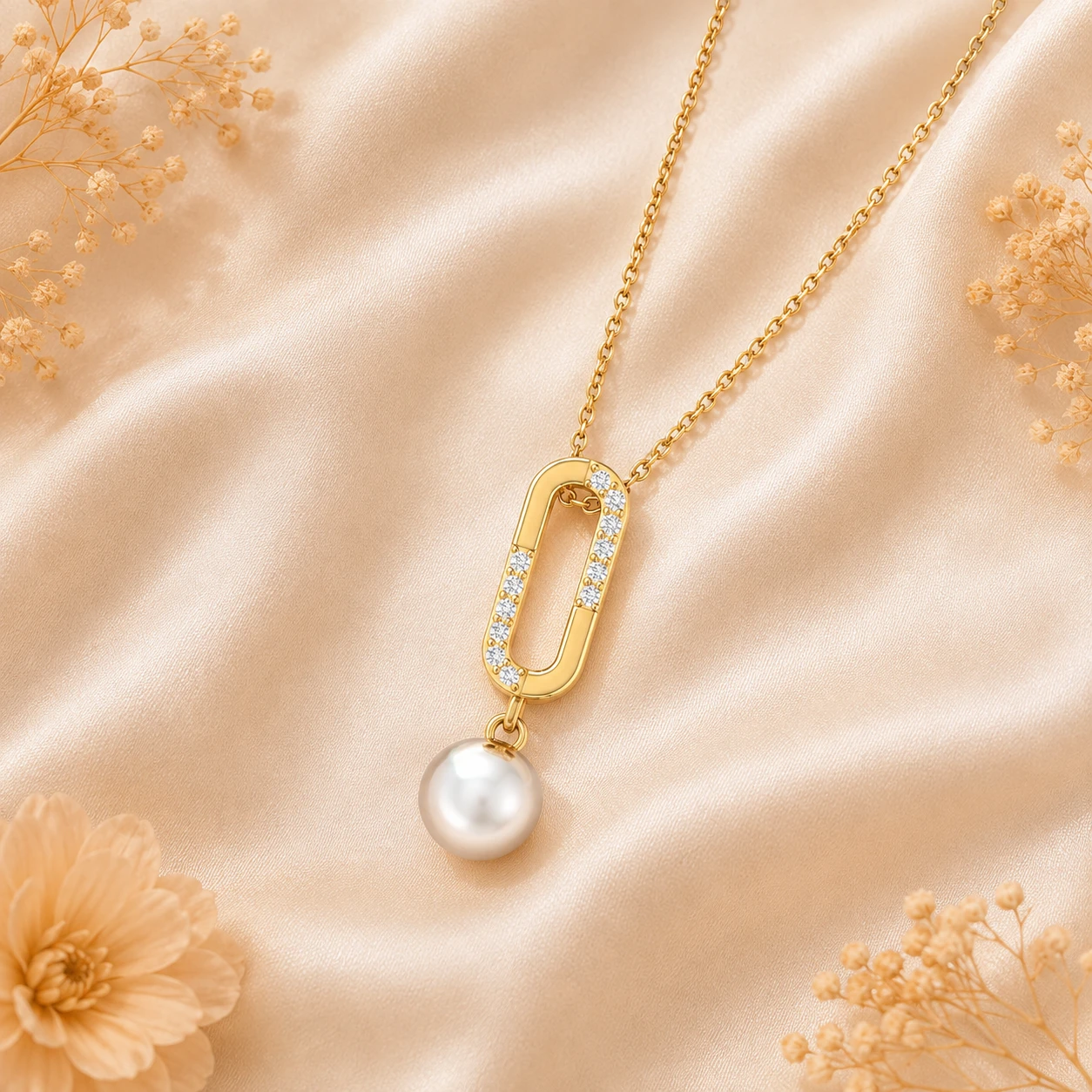 Gold plated open paperclip link pendant accented with pavé diamonds and a hanging freshwater pearl