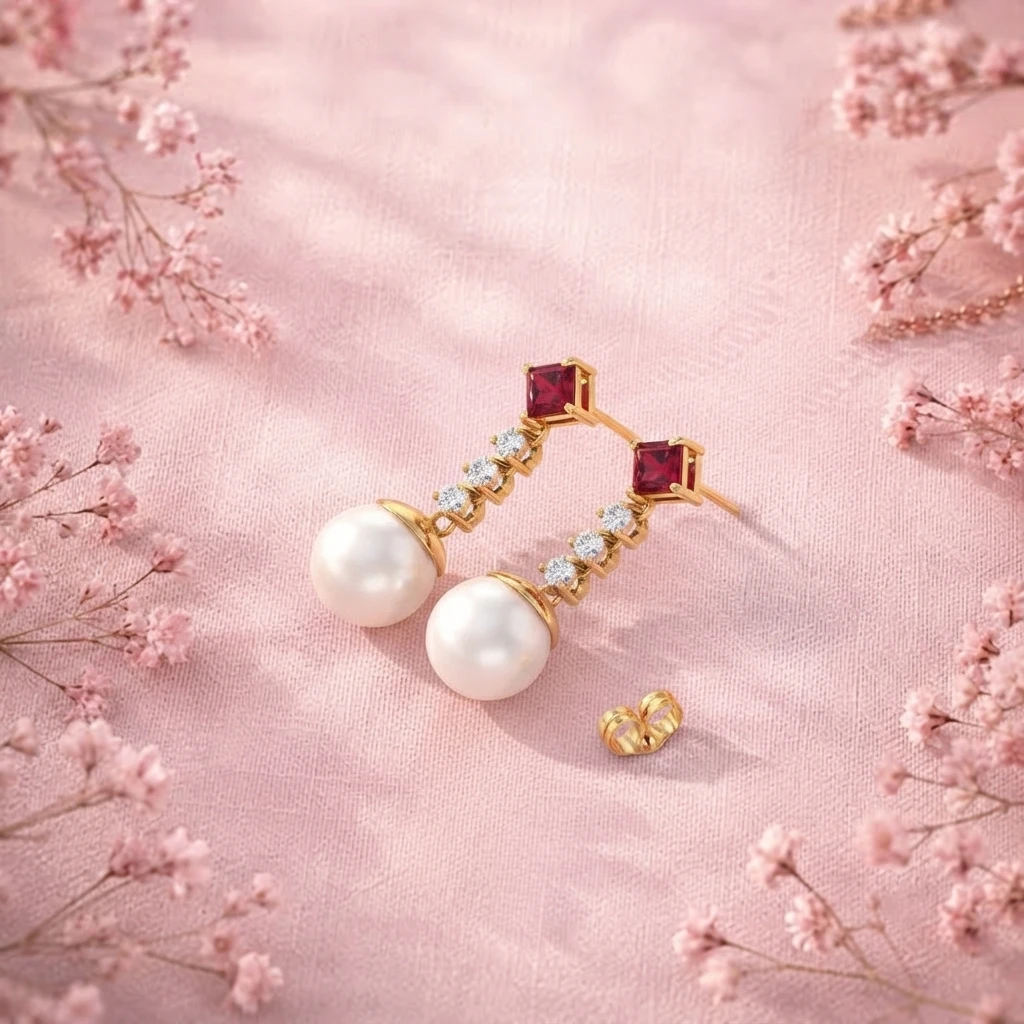 Gold plated dangle earrings with princess cut red garnet, diamonds, and pearls