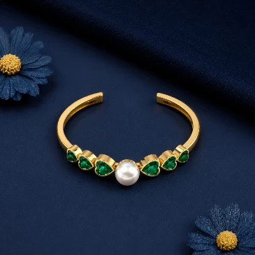 Freshwater Pearl & Heart-Cut Emerald Gold Filled Cuff Bracelet