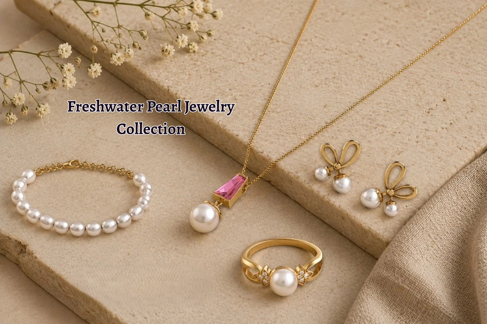 Freshwater pearl jewelry collection featuring a gold bracelet, pendant necklace, bow earrings, and ring from Huzurr