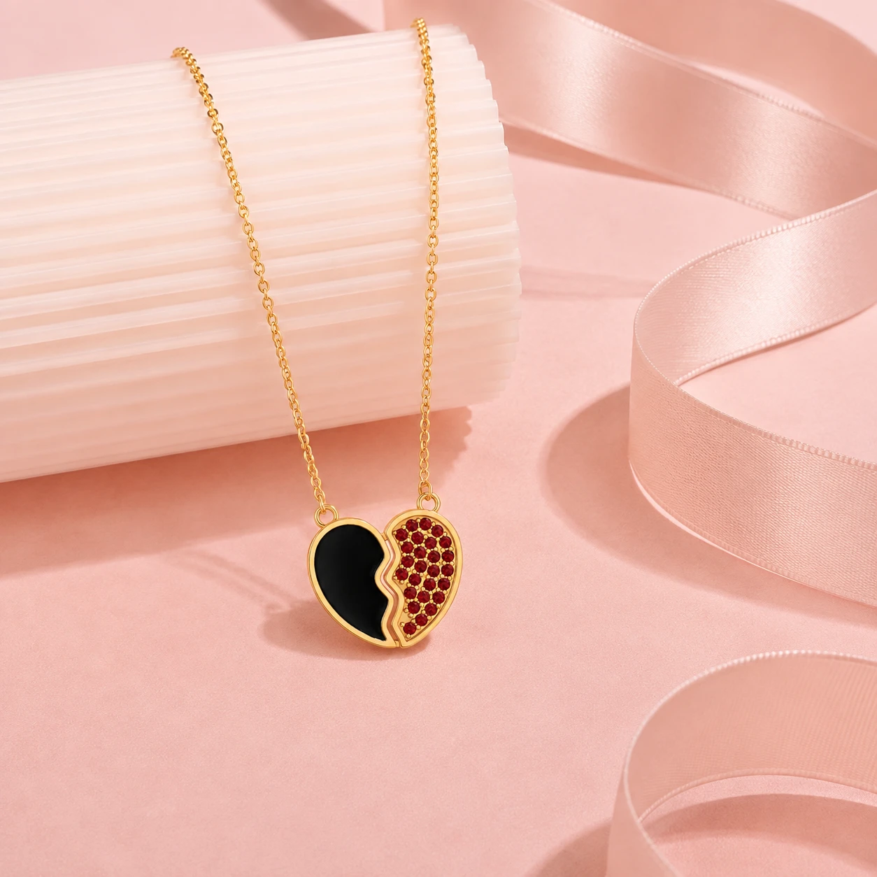garnet-and-black-enamel-split-heart-necklace