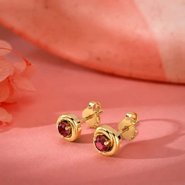 Round Cut Garnet Gold Filled Flower Swirl Stud Earrings