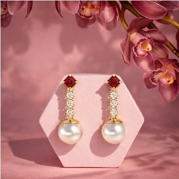 Garnet & Diamond Pearl Dangle Earrings in gold plating