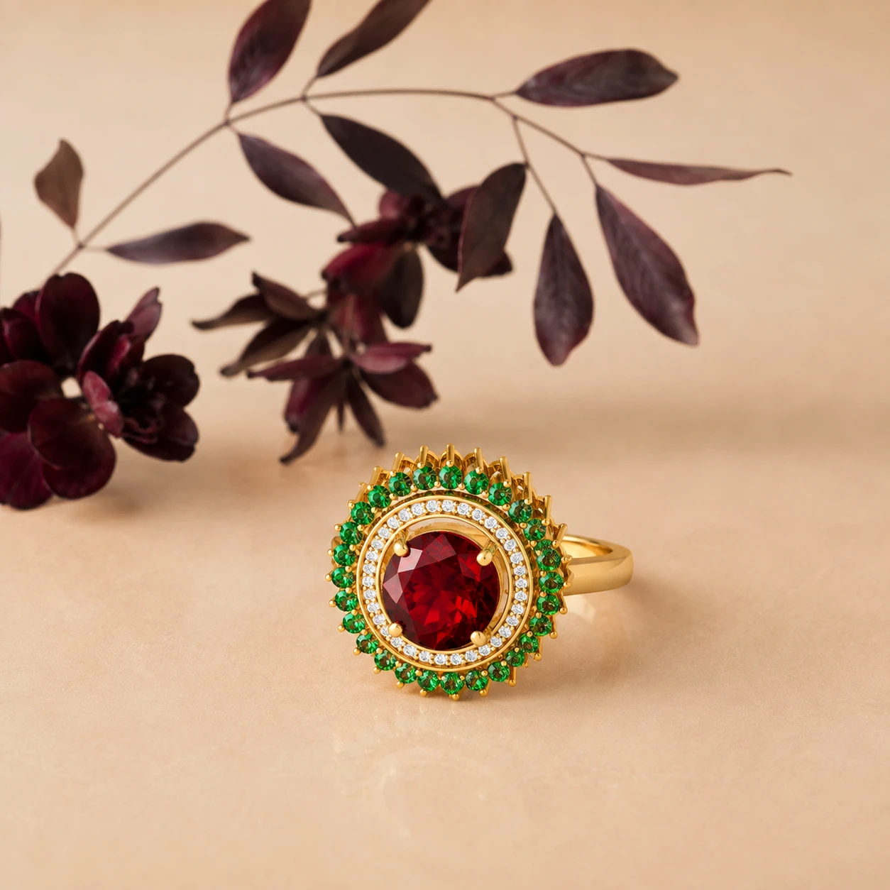 garnet-emerald-diamond-cocktail-ring