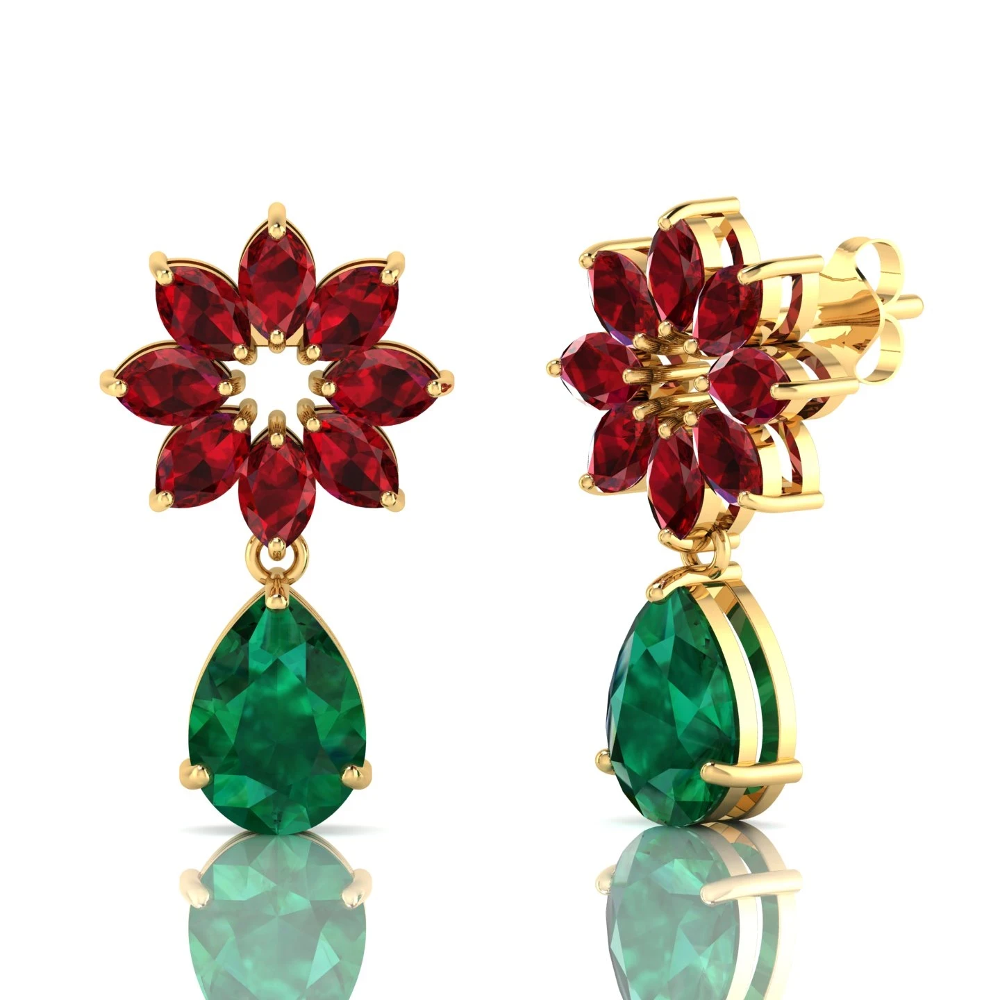 Gold floral cluster stud earrings featuring marquise red garnets and hanging green pear-cut teardrops.