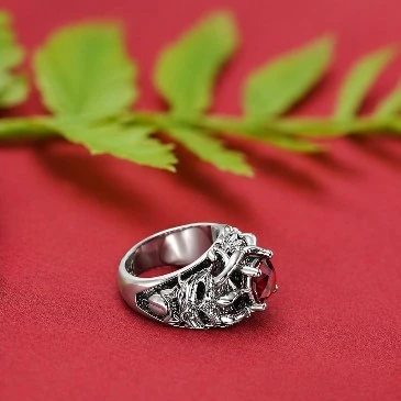Garnet Sterling Silver Men's Gothic Skull Ring
