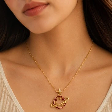 Garnet Gold Filled Star Saturn Planet Pendant