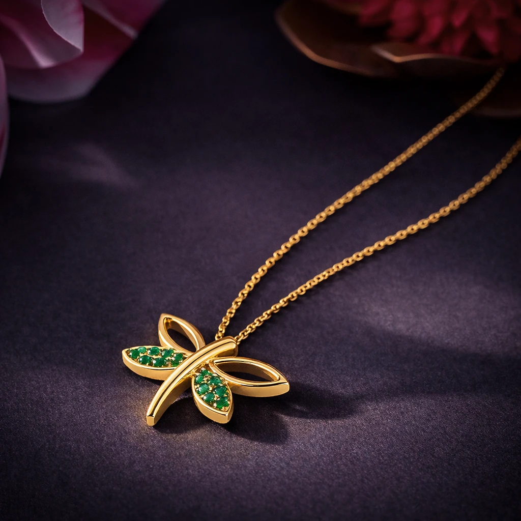 Emerald Gold Filled Dragonfly Pendant