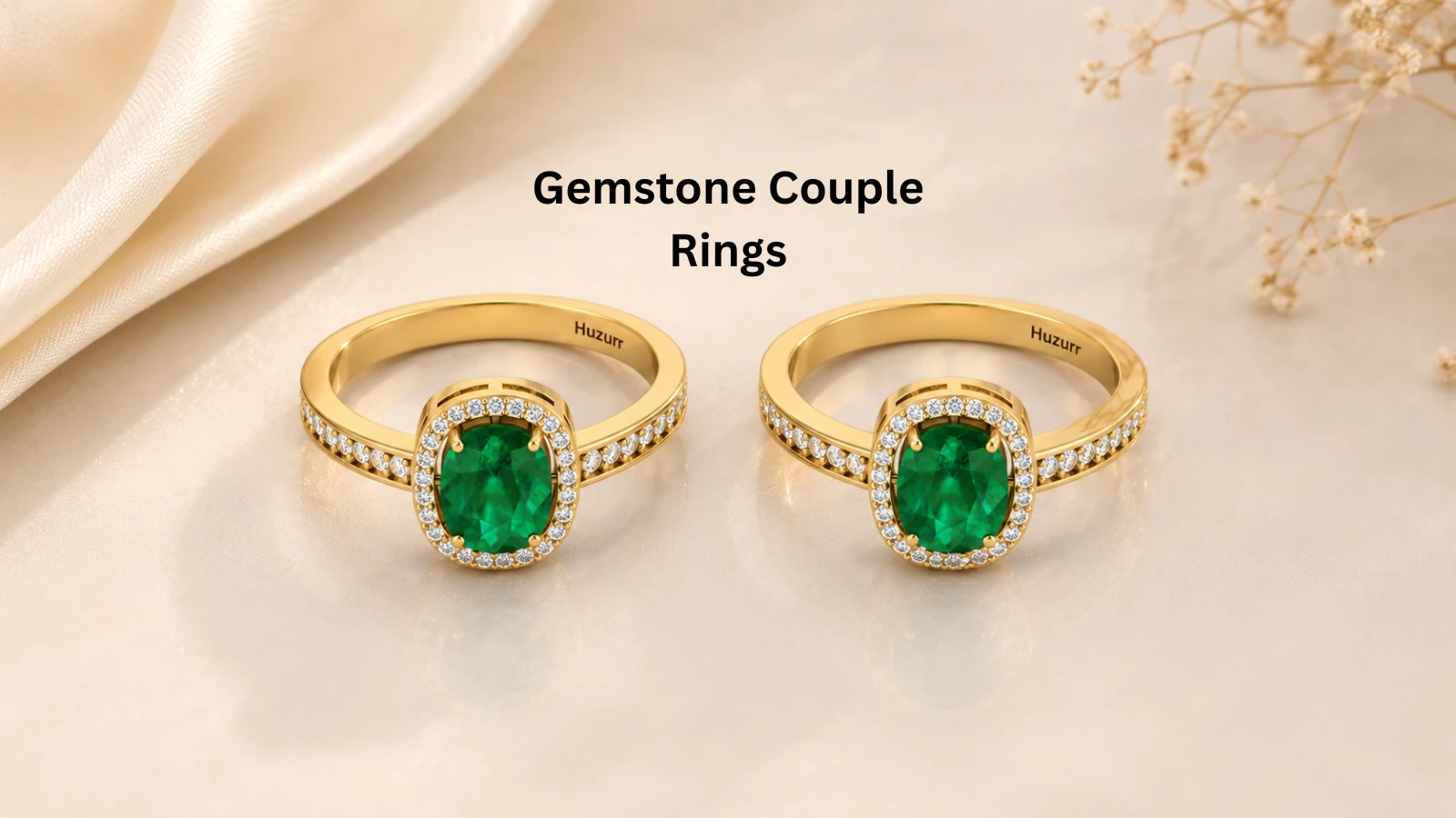 emerald gemstone couple ring in gold plating with diamond halo