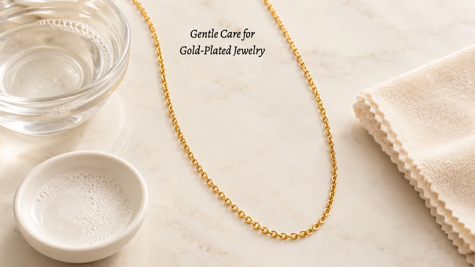 Gold chain with a bowl of lukewarm water, mild soap, and microfiber cloth for cleaning gold jewelry at home.