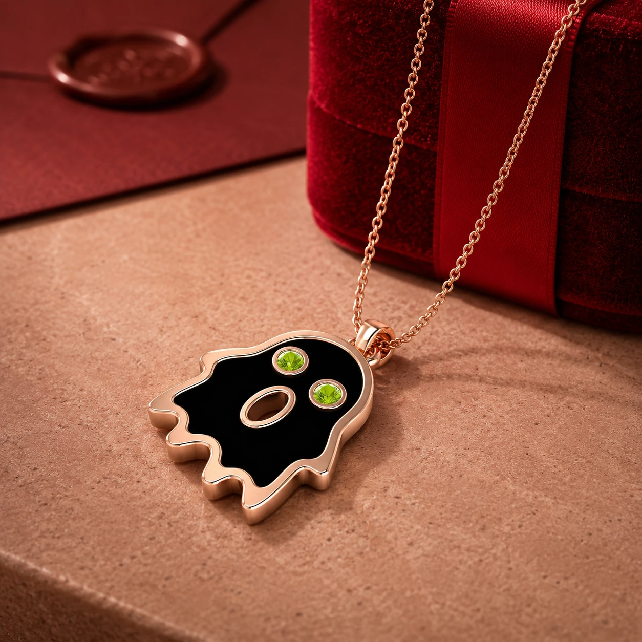 Spooky ghost charm pendant filled with black enamel and set with green peridot eyes on a rose gold plating