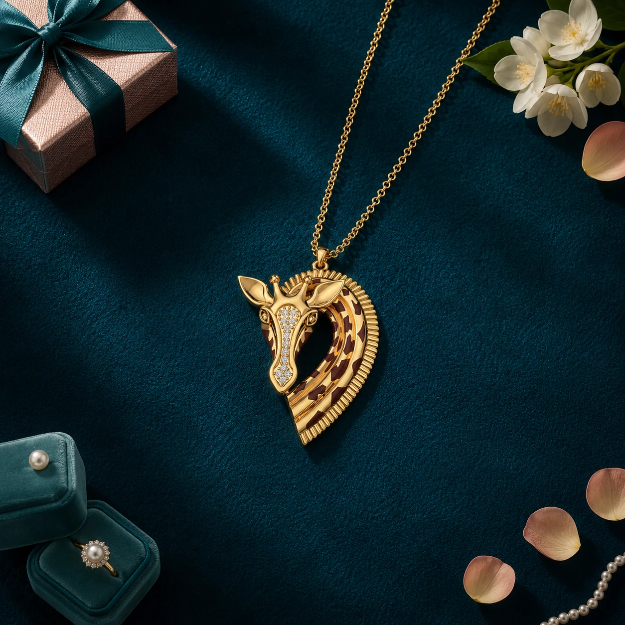 Giraffe pendant adorned with a diamond accent and gold plated detailing