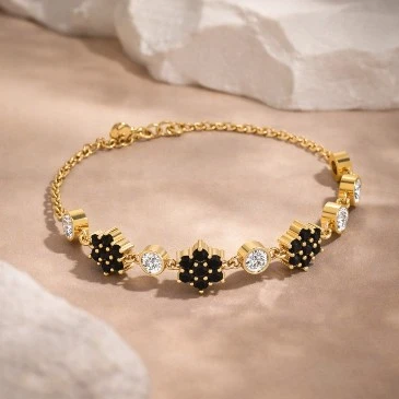 Black Diamond Flower Chain Tennis Bracelet in gold plating