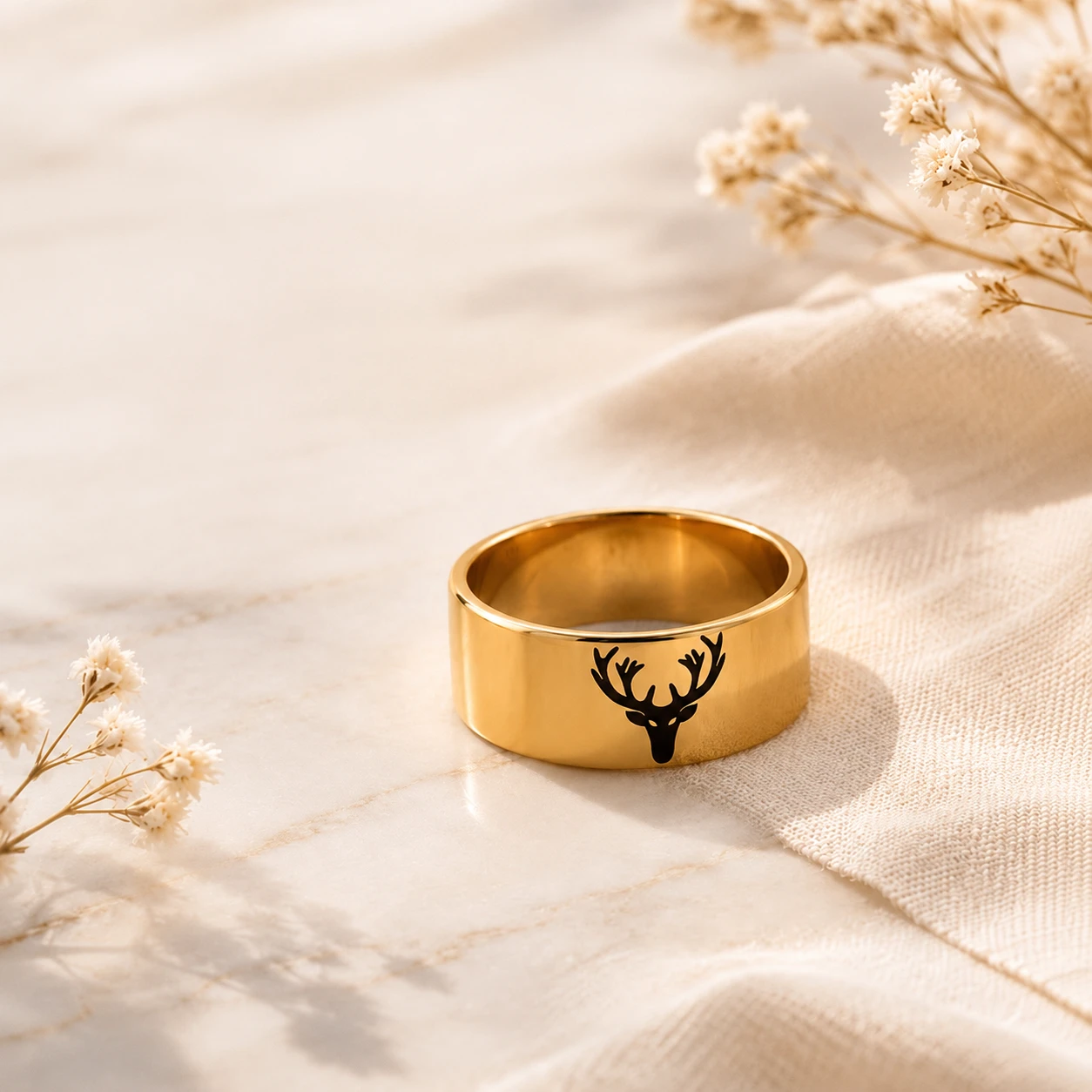 Gold Filled Black Enamel Deer Engraved Band Ring