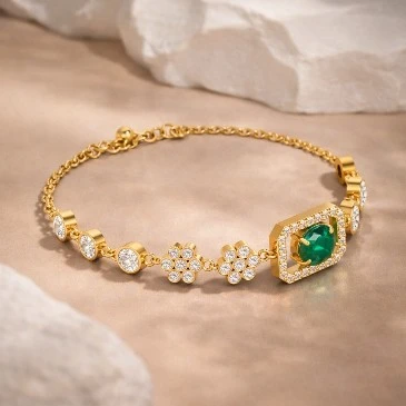 Emerald Flower Chain Tennis Diamond Bracelet in gold plating