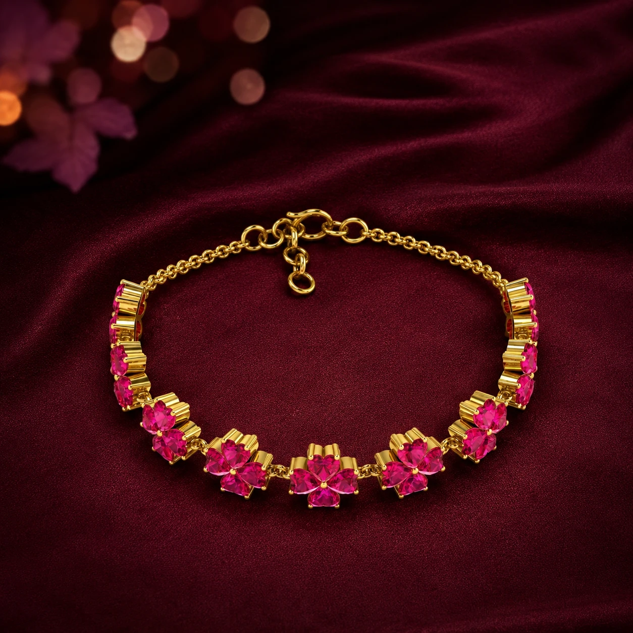 Gold Filled Lab-Created Ruby Heart Flower Chain Tennis Bracelet