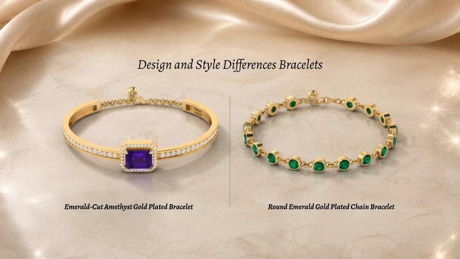 Side-by-side comparison featuring a gold-plated classic cuff bracelet with an emerald-cut amethyst and a diamond halo next to an gold-plated link eternity bracelet set with round emeralds