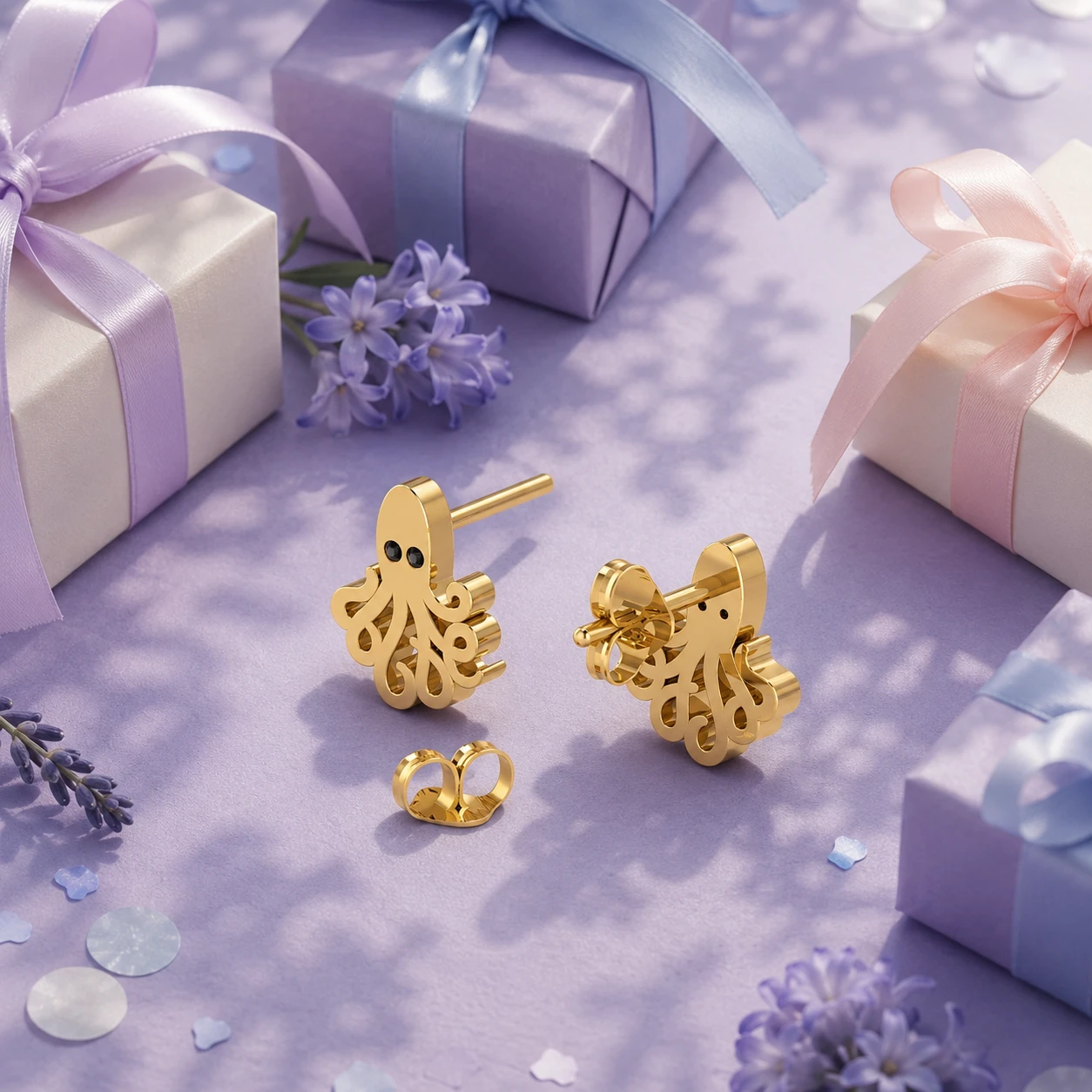 Whimsical gold-plated octopus stud earrings set with twinkling black diamonds eyes