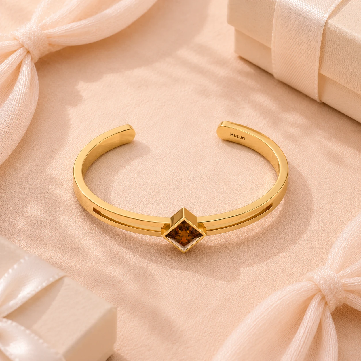 Princess cut coffee diamond on gold plated handcuff link bracelet